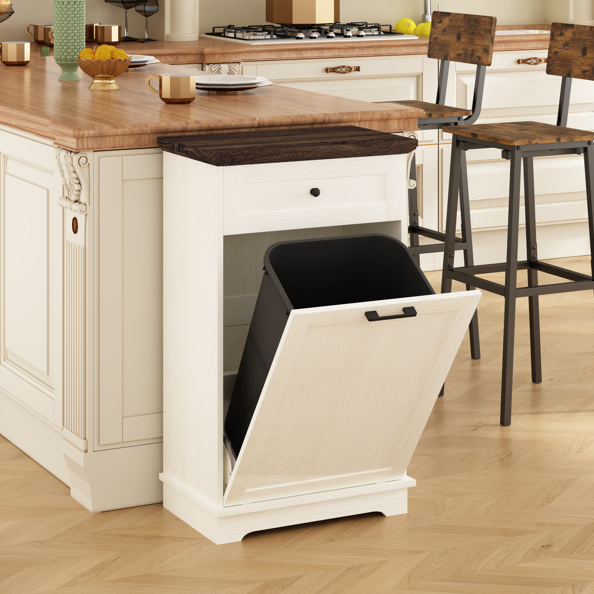 10 Gallon Tilt Out Trash Cabinet Freestanding Trash Bin Cabinet Wood Garbage Recycling Cabinet with Drawer Pet Proof Trash Can Holder for Kitchen Living Room, Antique White (Not include trash can) - Grand Goldman Shop