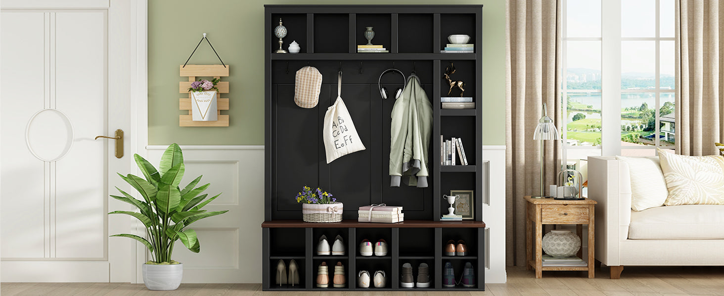 Farmhouse Wooden Hall Tree with 6 Hooks, Walnut Storage Bench with Adjustable Shelves,  4-in-1 Entryway Shoe Cabinet with Cubbies for Mudroom, Living Room, Black, 76.7'H (OLD SKU: N721S000044B) - Grand Goldman Shop