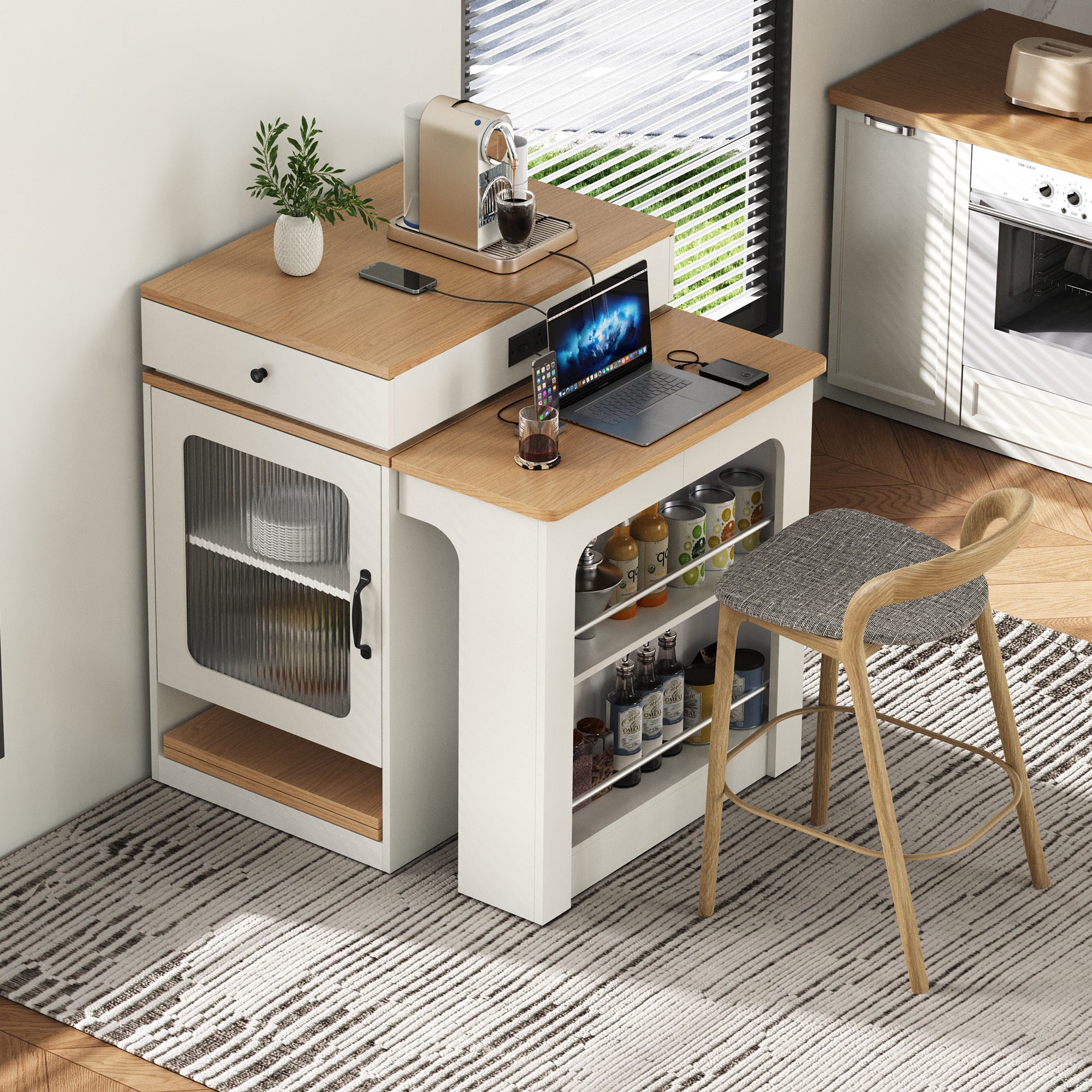 K&K 59.5' Kitchen Island with Extendable Dining Table, Kitchen Storage Table with Double-sided Storage, Kitchen Island with 2 Drawers, Power Outlet, Side Open Shelves, for Kitchen, Dining Room, White - Grand Goldman Shop