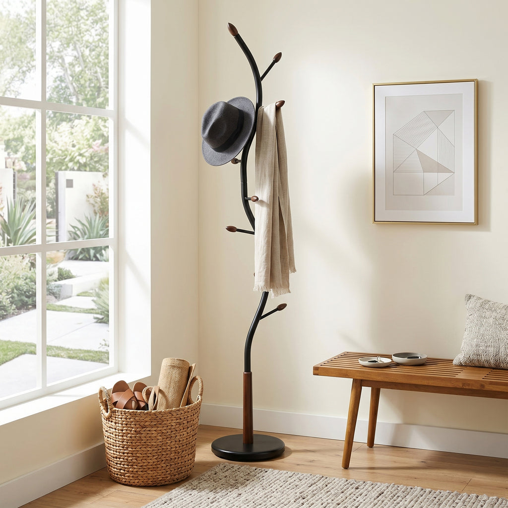 Arles Metal Black and Walnut Standing Coat Rack - Grand Goldman Shop