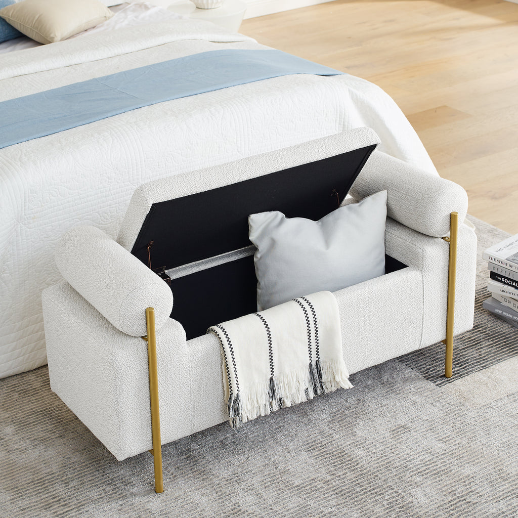 Elegant Upholstered Linen Storage Bench with Cylindrical Arms and Iron Legs, White - Grand Goldman Shop