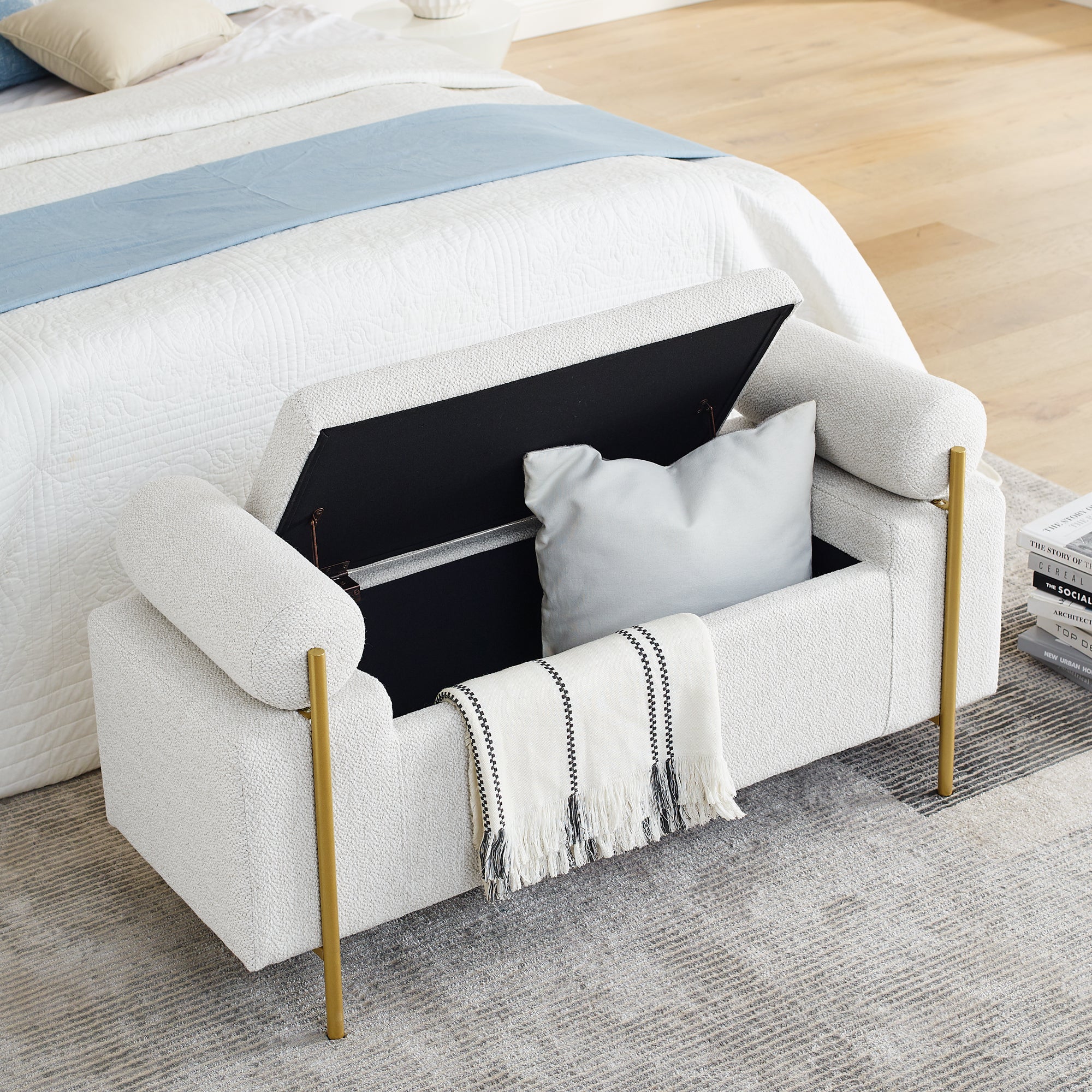 Elegant Upholstered Linen Storage Bench with Cylindrical Arms and Iron Legs, White - Grand Goldman Shop