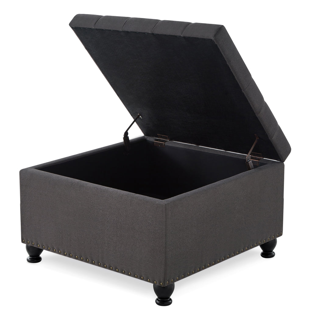 Large square storage ottoman with wooden legs, Upholstered button tufted coffee table with nail trims for Living Space,Dark Grey - Grand Goldman Shop