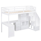 White Twin Size Loft Bed with L-Shaped Desk, Drawers, Cabinet, and Storage Staircase - Pine Wood & MDF - Grand Goldman Shop