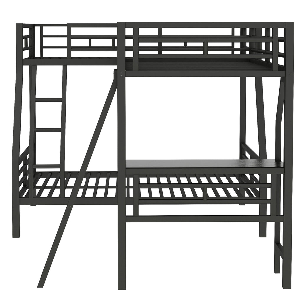 Twin over Full Bunk Bed with Loft and Desk, Metal Black, L-Shaped Design for 3 Sleepers - Grand Goldman Shop