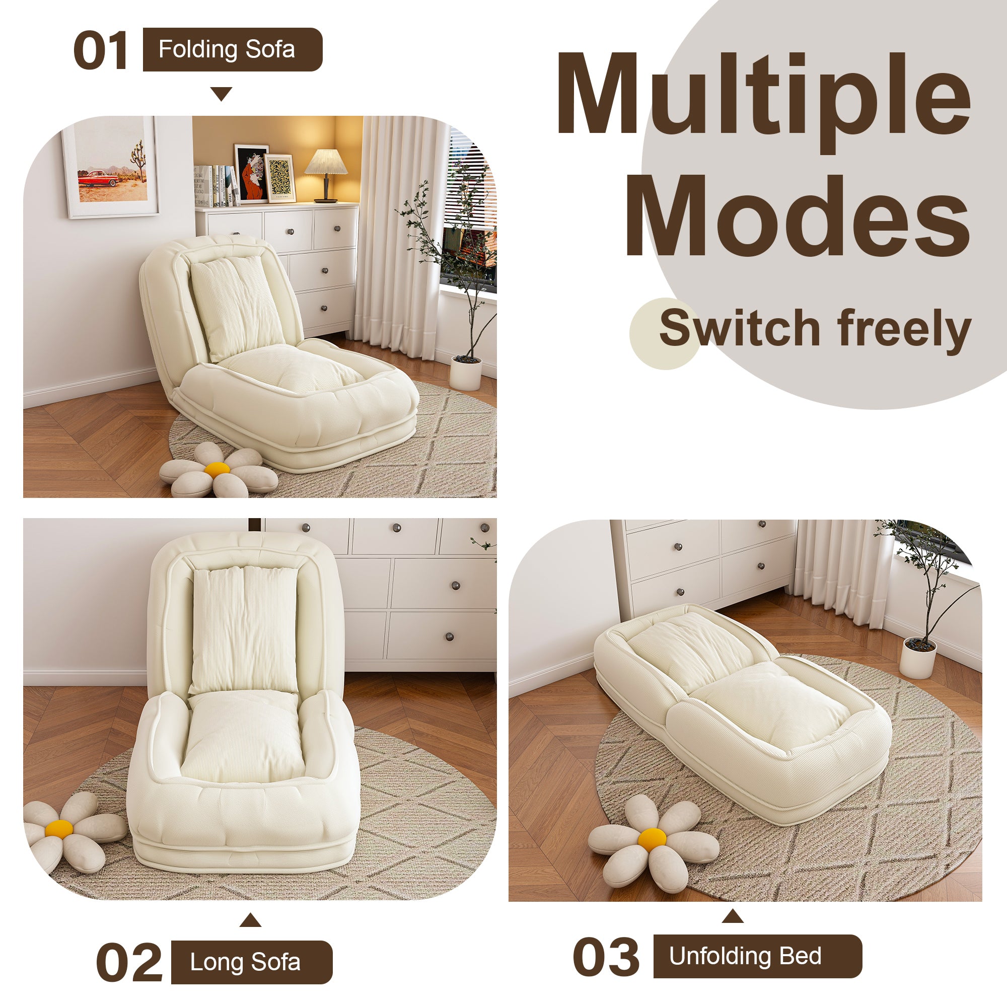 Upholstered Foldable Lazy Sofa Bed for Adults and Pets, Adjustable Recliner with 5 Positions, Off White Corduroy, 70.87 x 37.40 x 11.02 inches - Grand Goldman Shop