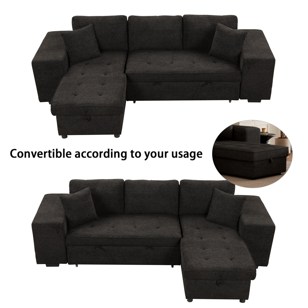 Modern L-Shape 3 Seat Reversible Sectional Couch with Pull Out Sleeper Sofa, Storage Chaise, 2 Stools, Charcoal Grey, Linen Chenille - Grand Goldman Shop