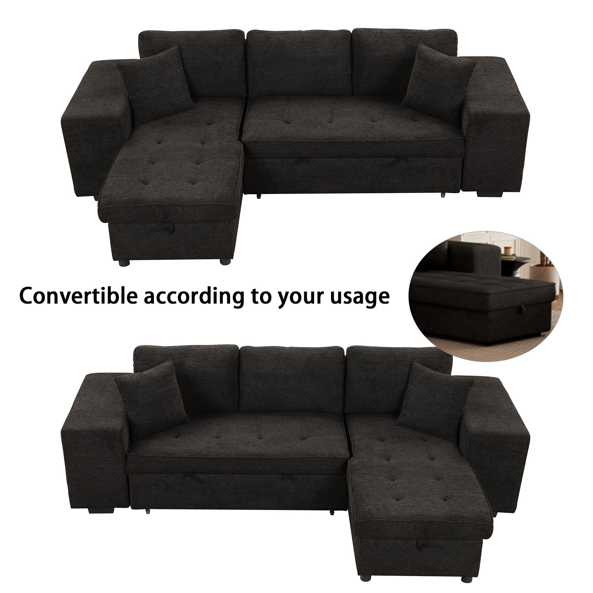 Modern L-Shape 3 Seat Reversible Sectional Couch with Pull Out Sleeper Sofa, Storage Chaise, 2 Stools, Charcoal Grey, Linen Chenille - Grand Goldman Shop
