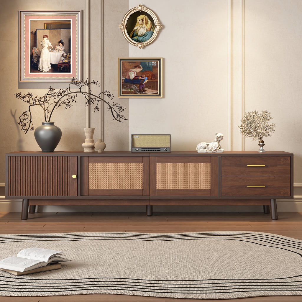 Mid Century Modern TV Stand for 80' TVs with Sliding Doors and Drawers, Dark Brown Rattan Accent Storage Unit in Solid Wood and MDF, 70.87' L x 15.35' W x 18.11' H - Grand Goldman Shop