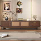 Mid Century Modern TV Stand for 80' TVs with Sliding Doors and Drawers, Dark Brown Rattan Accent Storage Unit in Solid Wood and MDF, 70.87' L x 15.35' W x 18.11' H - Grand Goldman Shop