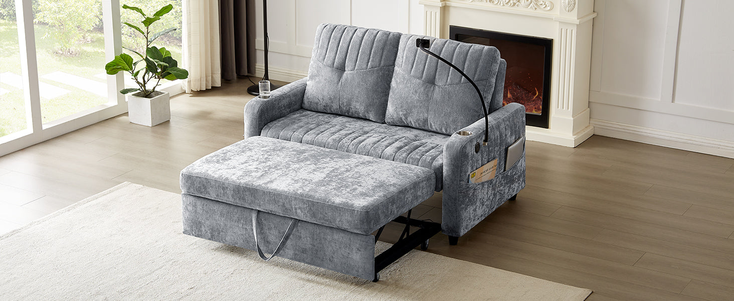 Modern Loveseat Pull-out Sofa Bed with Adjustable Backrest, Cup Holders, Phone Holder, Charging Ports, Side Storage Pockets, Grey Chenille - Grand Goldman Shop