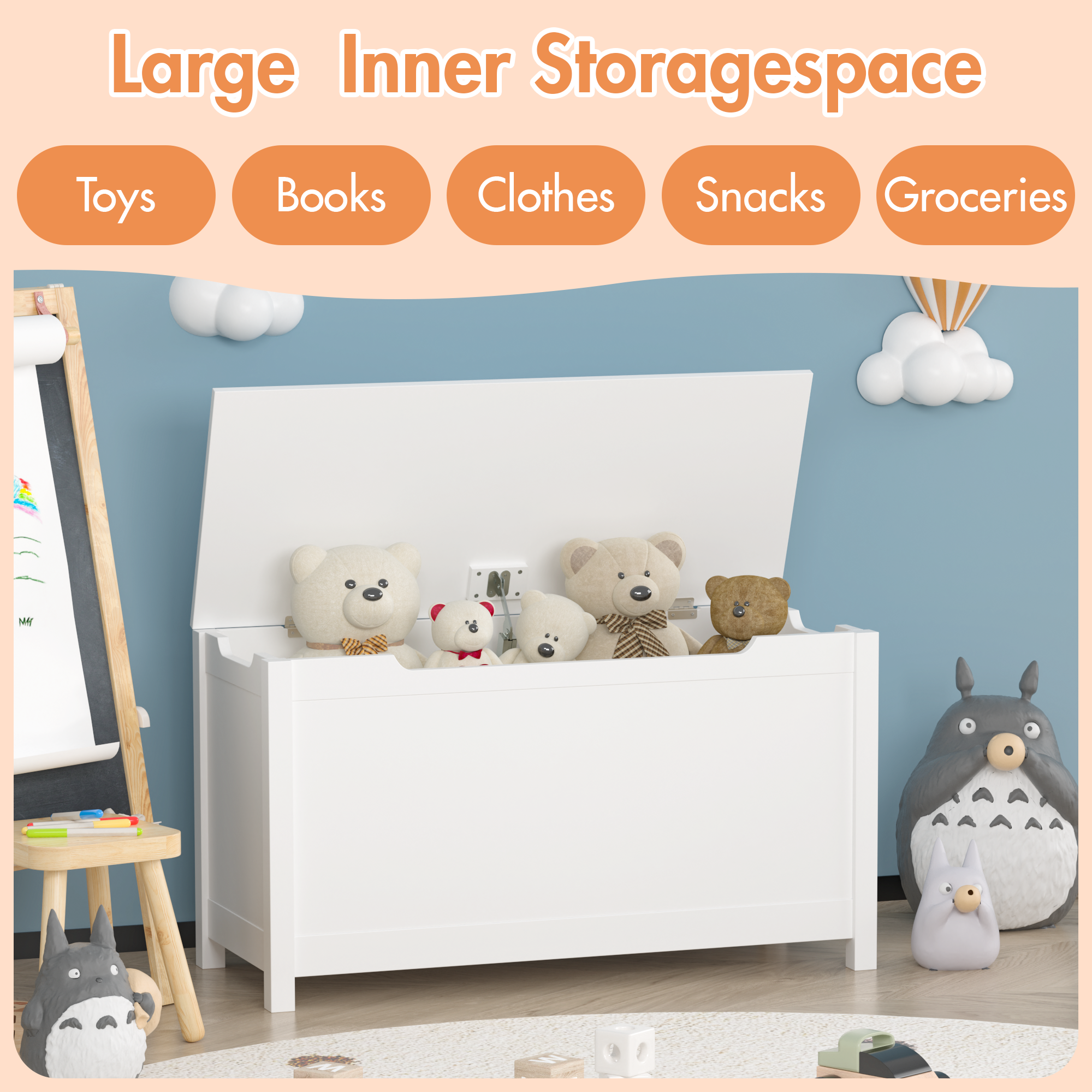 Kids Wooden Toy Box Storage with Safety Hinged Lid for Ages 2+ (White) | Premium Home Decor - Grand Goldman