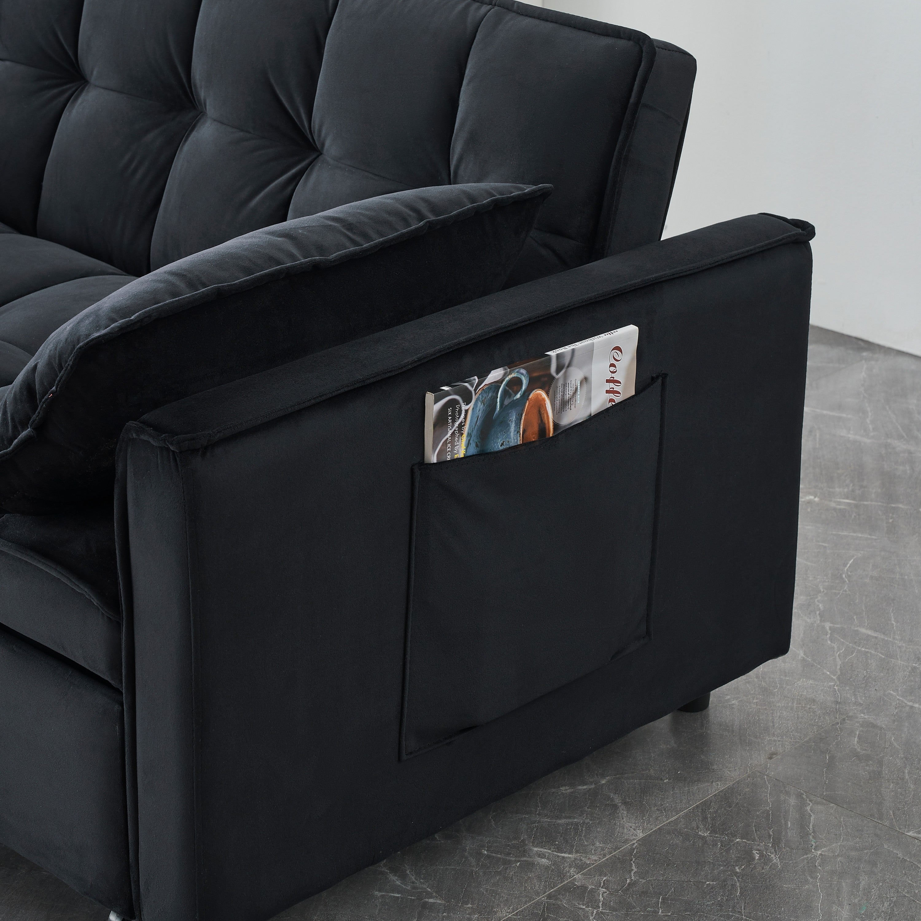 Modern Velvet Sofa Bed, 3-in-1 Convertible Love Seat with Backrest, Pillow, Pockets, Black Velvet, Metal Legs, 55x33x32.28 inches - Grand Goldman Shop