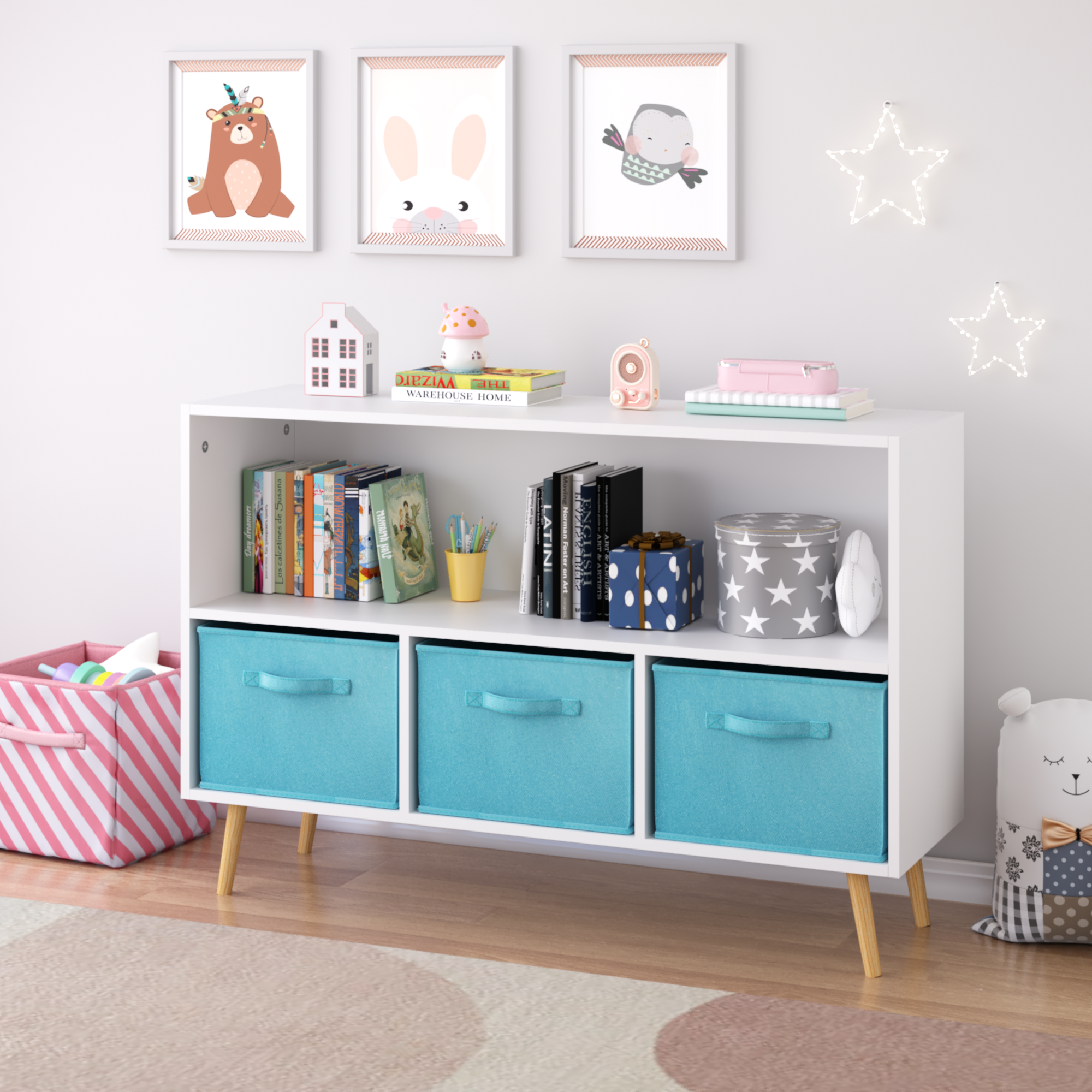 Kids bookcase with Collapsible Fabric Drawers, Children's Book Display, Toy Storage Cabinet Organizer, White/Blue | Premium H