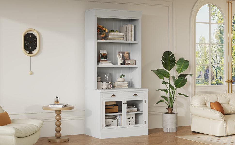 83.4'Tall Bookshelf, Modern Bookcase with 2 Glass Doors and 1 Drawer,Storage Bookcase with Open Shelves for Living Room,Home 