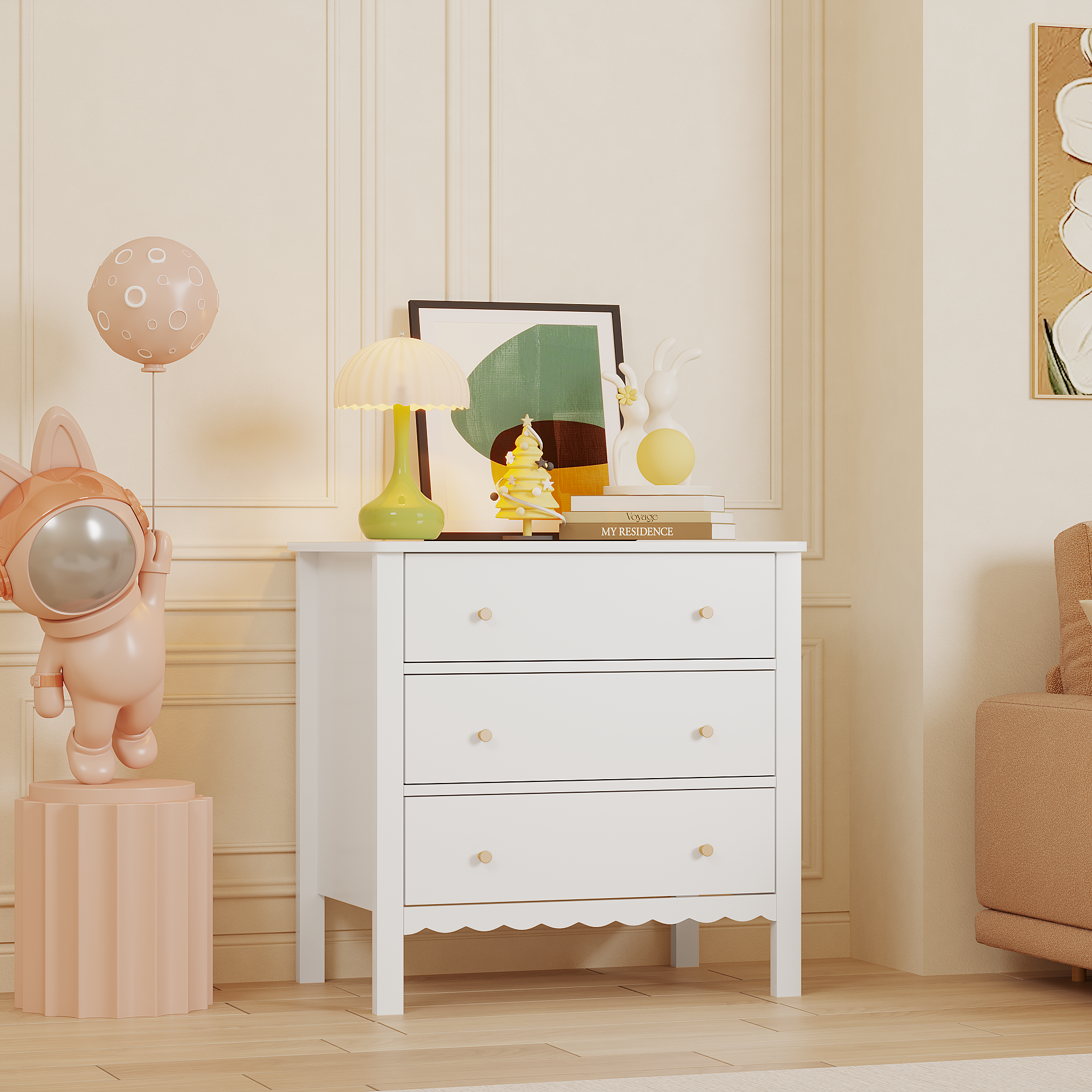 White 3 Drawer Dresser for Bedroom, Modern MDF Painted Chest of Drawers with Gold Knobs, Wooden Storage Cabinet for Kids, Nur