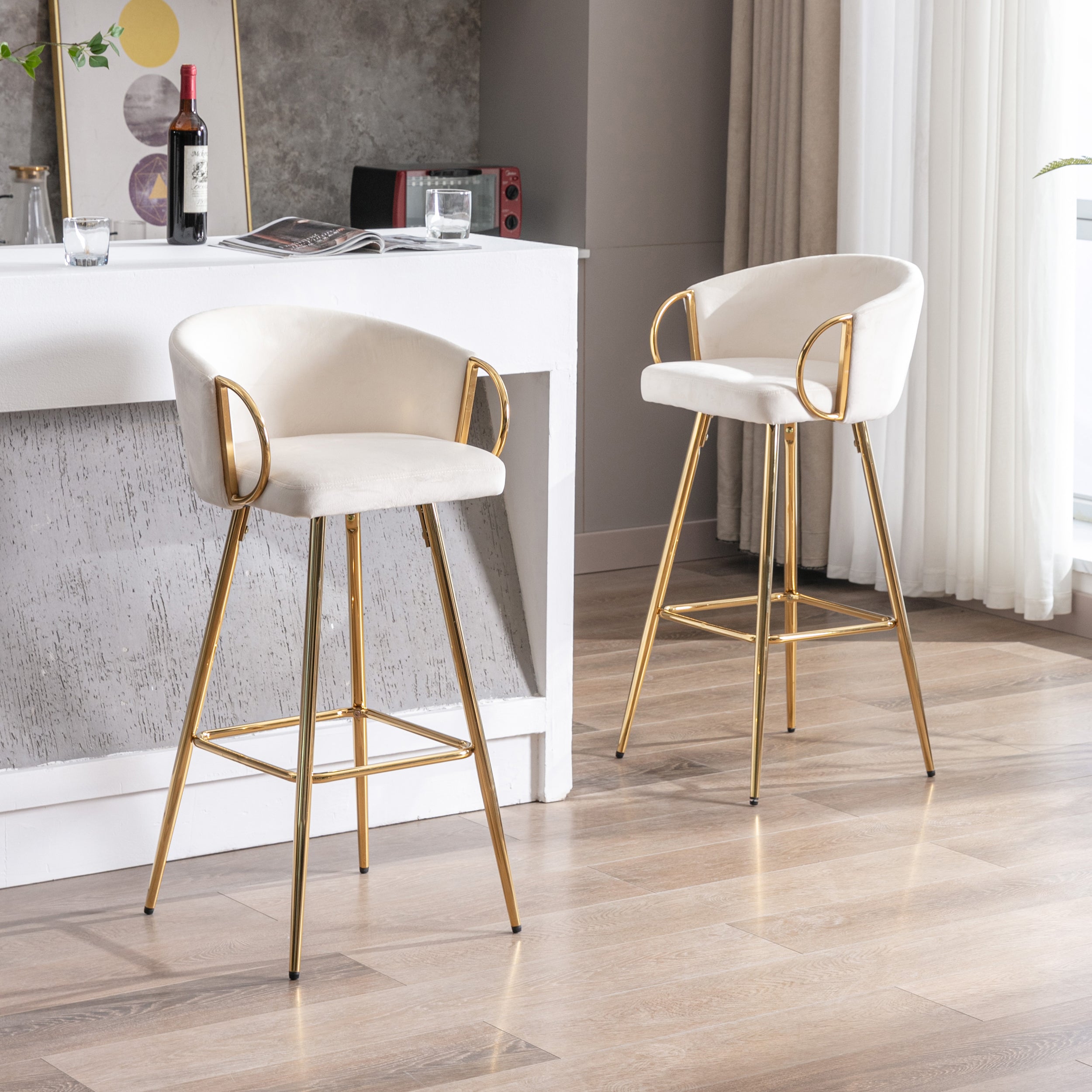 26 Inch Set of 2 Bar Stools,with Chrome Footrest and Base Velvet + Golden Leg Simple Bar Stoo,CREAM - Grand Goldman Shop