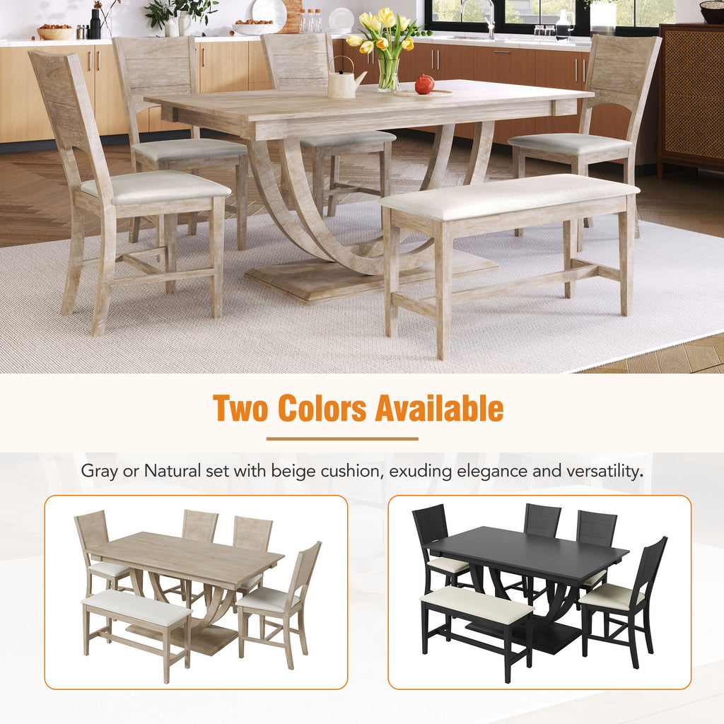 TOPMAX Modern Style Natural Wood 6-Piece Dining Table Set with Bench and Chairs, Upholstered Seats, Rubberwood Frame - Grand Goldman Shop