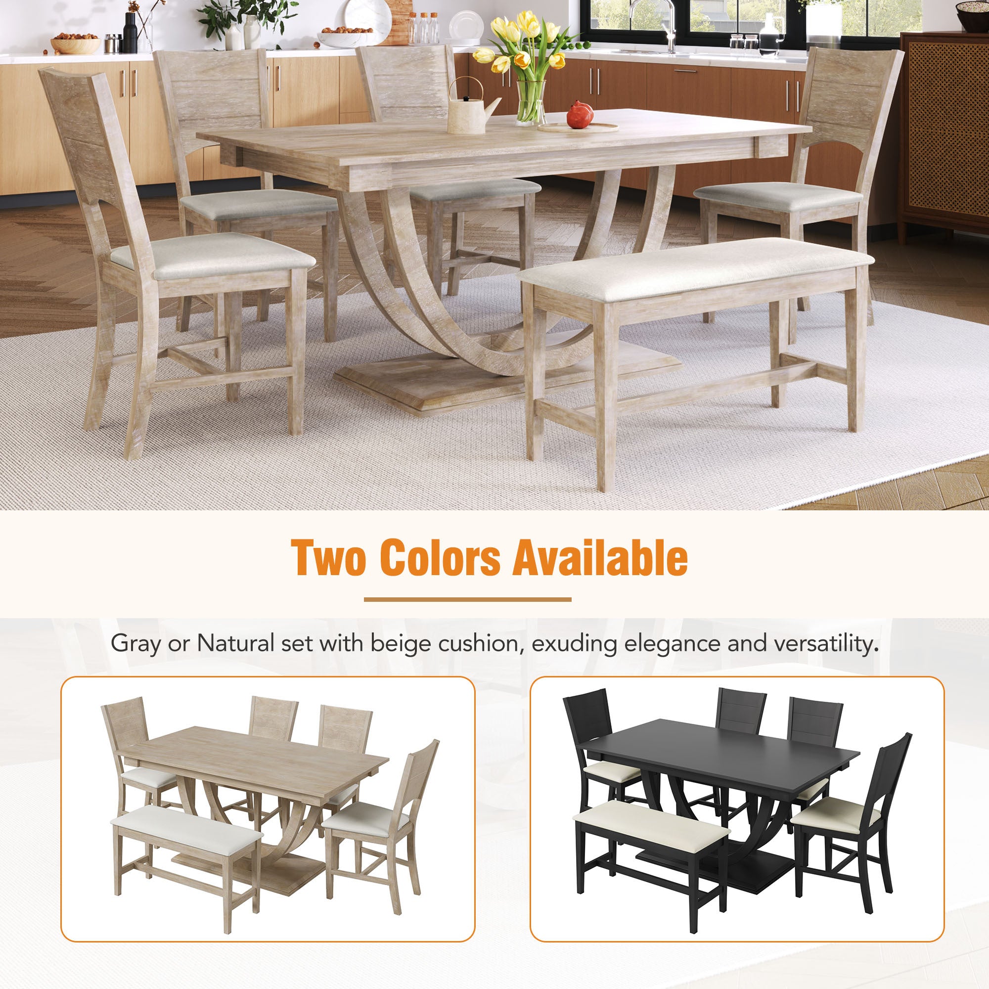 TOPMAX Modern Style Natural Wood 6-Piece Dining Table Set with Bench and Chairs, Upholstered Seats, Rubberwood Frame - Grand Goldman Shop