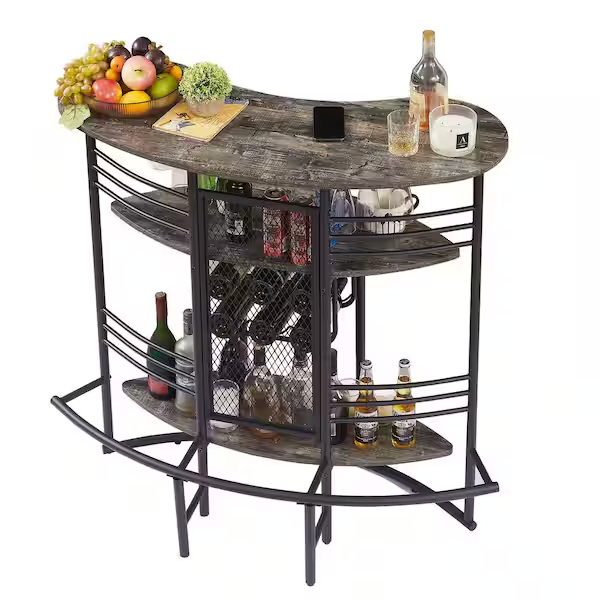Oval Bar Table with Wood Counter Top and Wine Rack Storage, Wine Bakers Rack for Dining Room, Brown - Grand Goldman Shop