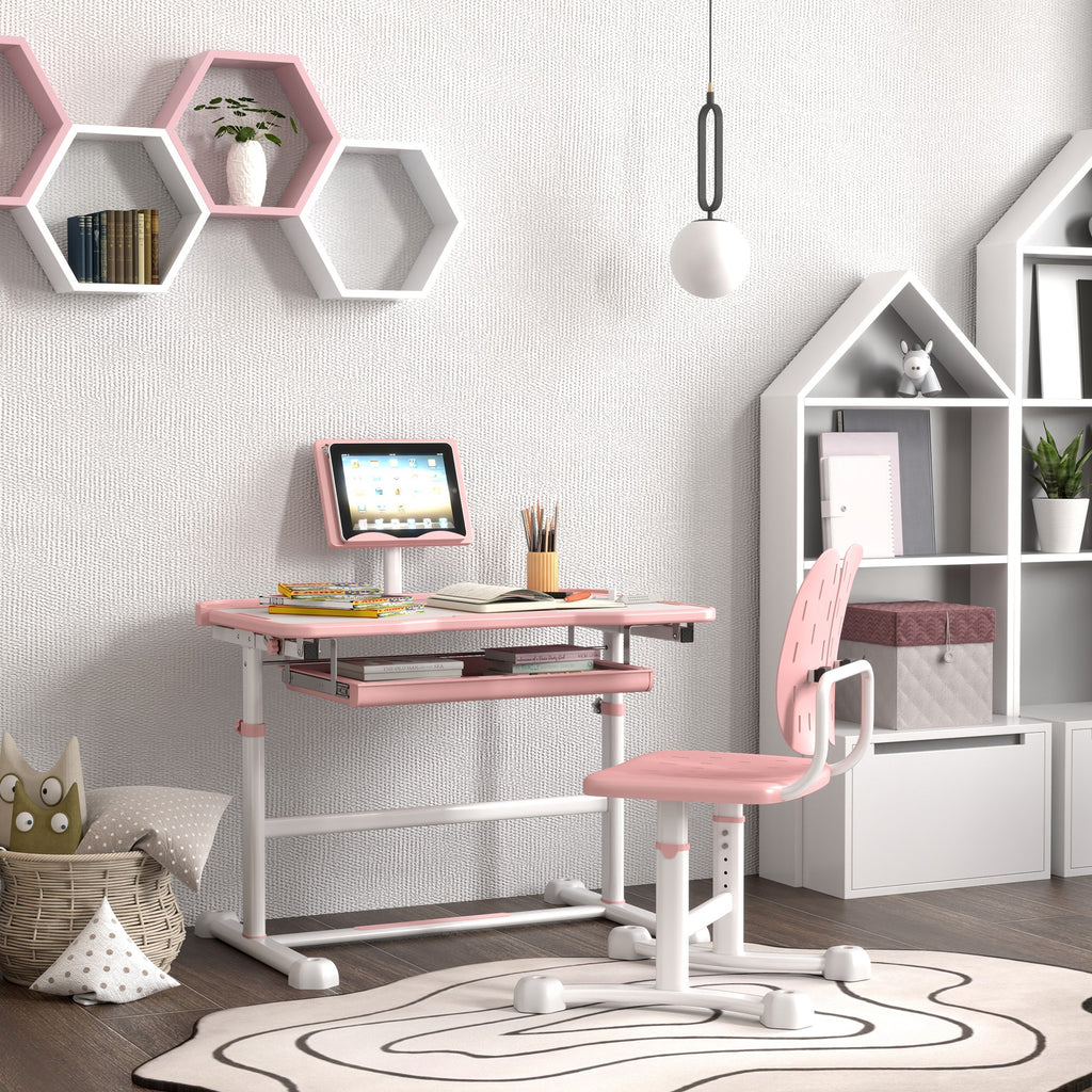 Qaba Kids Desk and Chair Set, Height Adjustable Kids School Study Desk and Chair Set with Tilt Desktop, Storage Drawer & Book