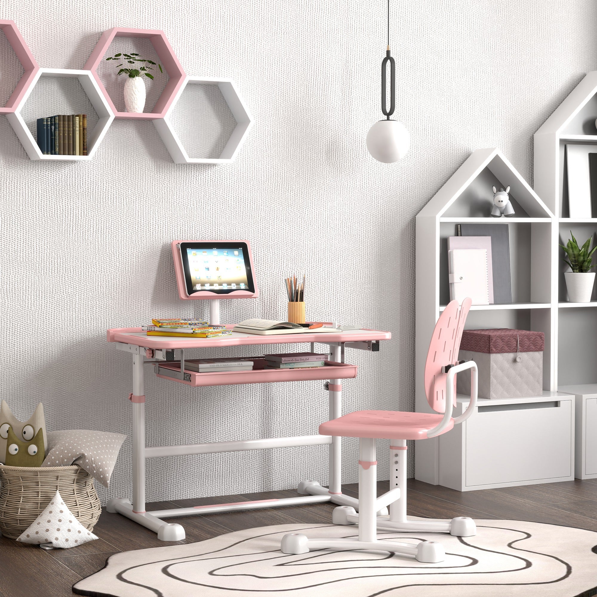 Qaba Kids Desk and Chair Set, Height Adjustable Kids School Study Desk and Chair Set with Tilt Desktop, Storage Drawer & Book