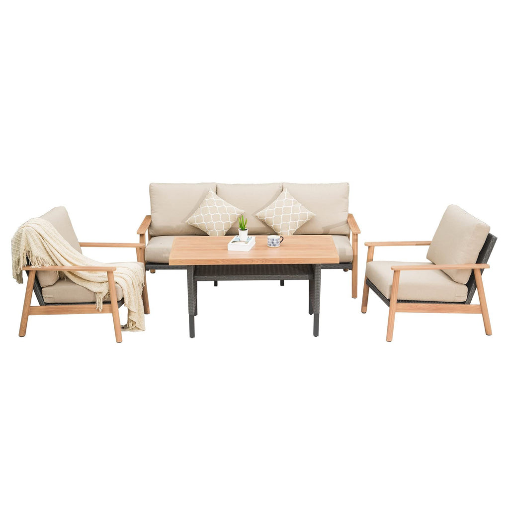 Gartensitzgruppe aus Polyrattan, 4-teilig, wetterfest, Aluminium-Rattan, gepolstertes Sofa, Loungemöbel-Set mit 2 Kissen für Veranda, Terrasse, Garten (Khaki)