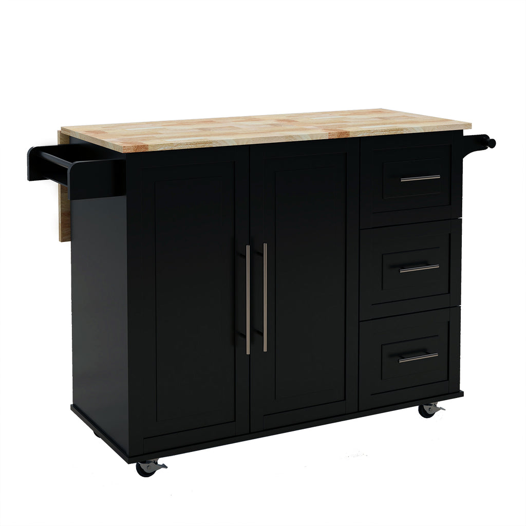 Kitchen Island with Spice Rack, Towel Rack and Extensible Solid Wood Table Top-Black - Grand Goldman Shop