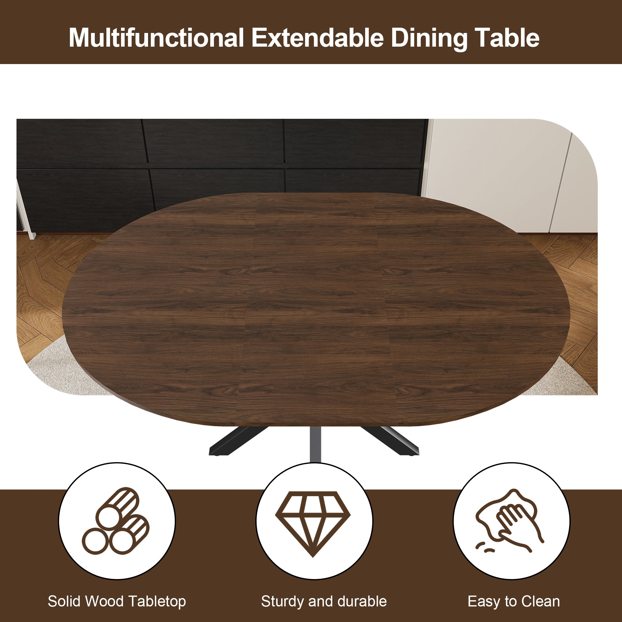Modern Solid Wood Veneer Retractable Dining Table, Round Extendable 6-Person Table, Walnut MDF with Carbon Steel Base, 42-58 Inches - Grand Goldman Shop