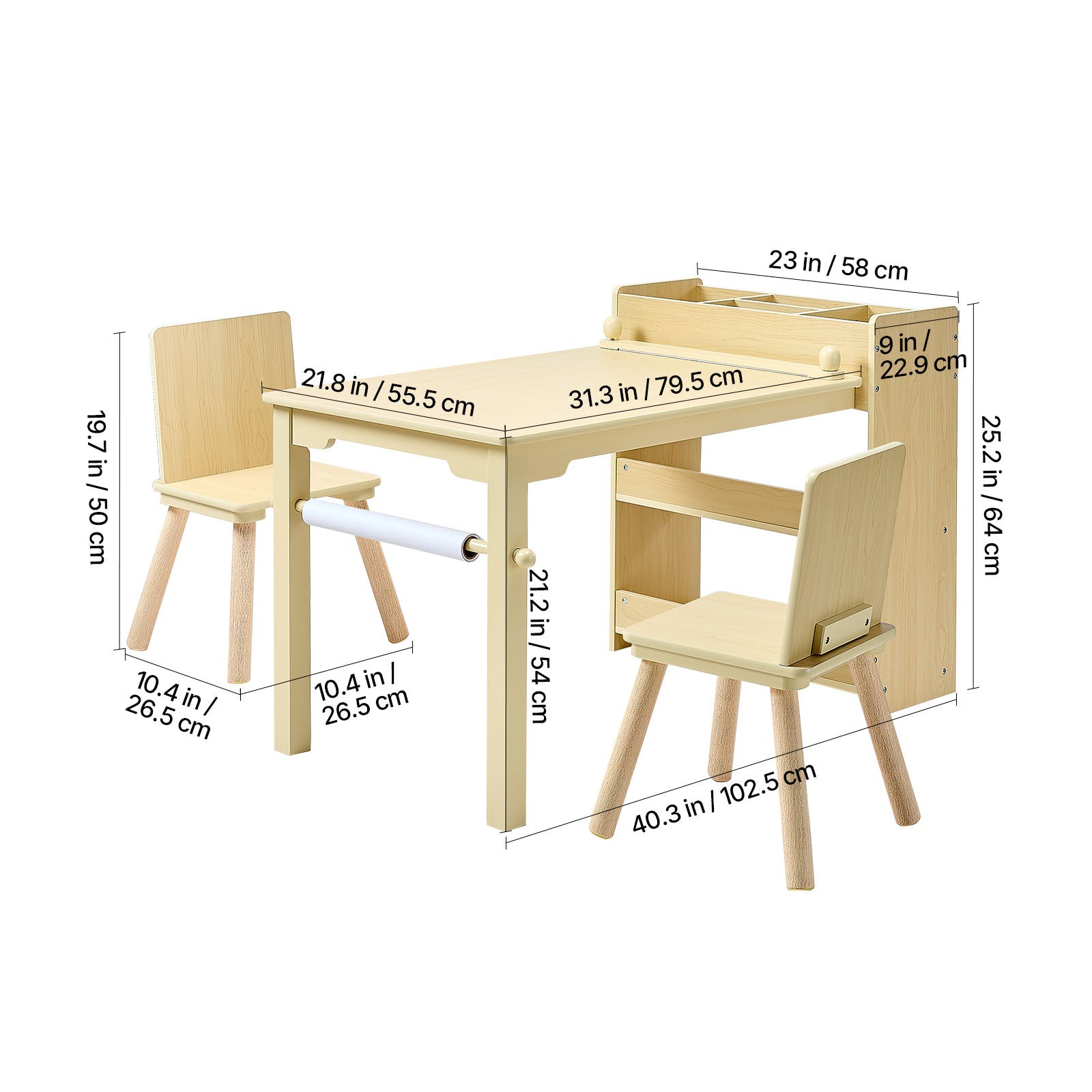 Kids Art Table and Chair Set, Toddler Craft Table with 3 Tiers Storage Cabinet, Wooden Kids Activity Play Desk with 2 Chairs,