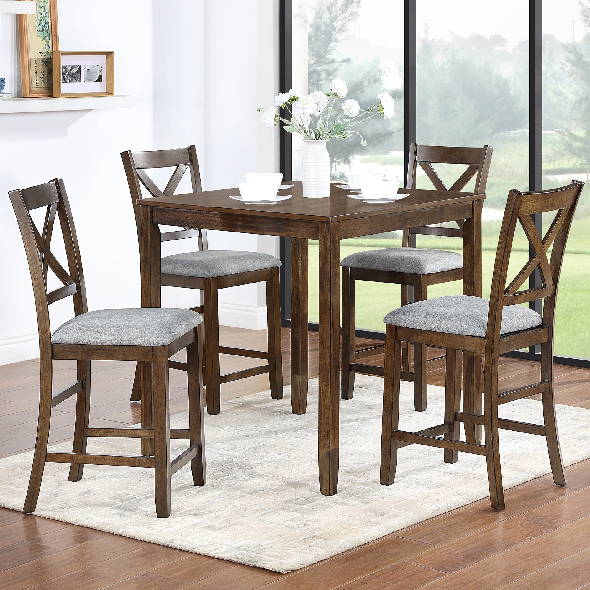5 Piece Dining Table Set, Wooden Dining Square Table Set for 4, Counter Height Kitchen Table Set with Square Table and 4 Upholstered Chairs for Small Space, Walnut - Grand Goldman Shop