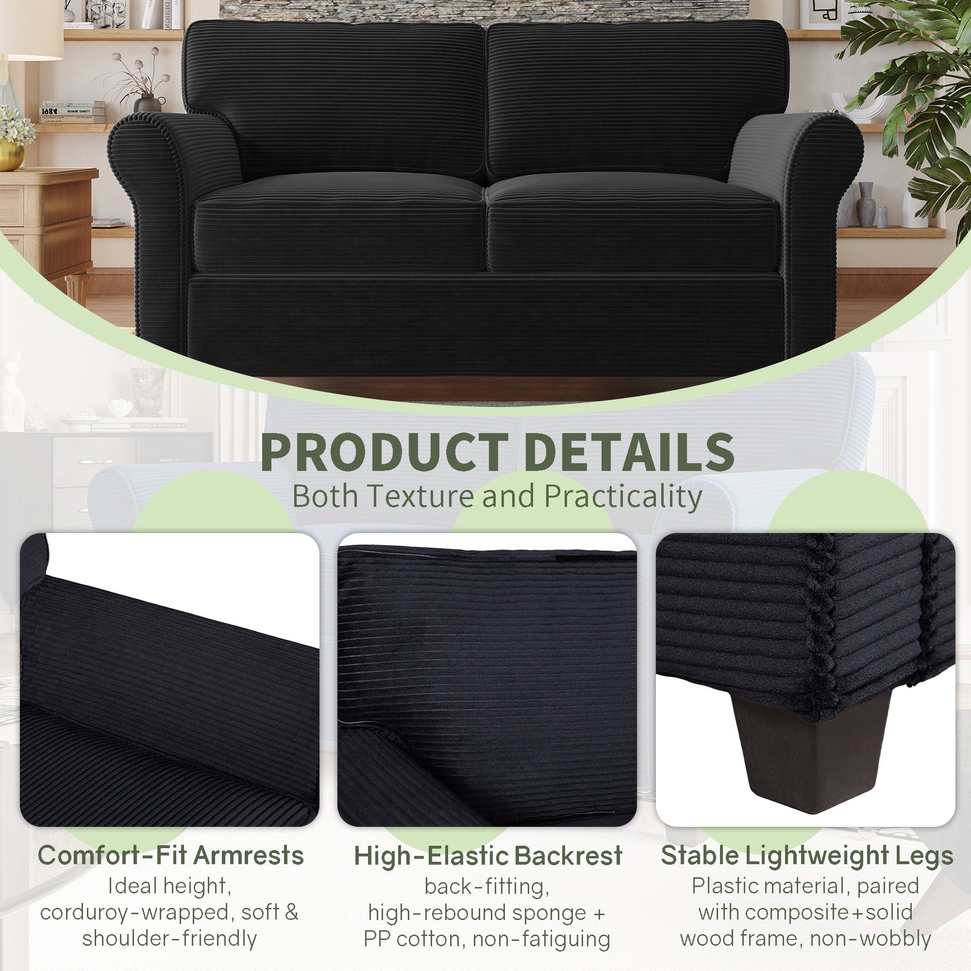 57' Modern 2-Seater Corduroy Sofa With Removable Backrest & Seat Cushions,Padded Armrests,High Rebound Sponge Filled with Solid Wood and Composite Frame,Easy Assembly For Living Room,Bedroom,Office. - Grand Goldman Shop