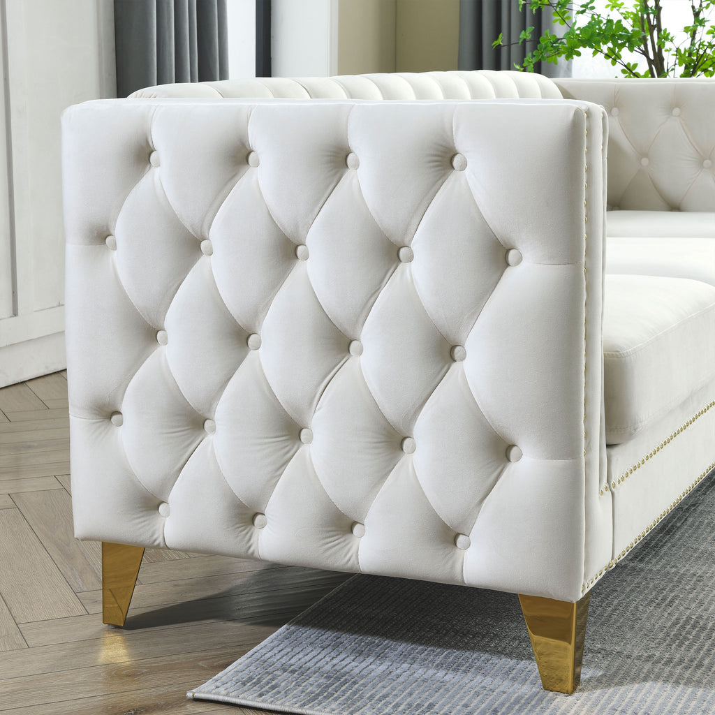 Modern Velvet Sofa with Button Tufting and Metal Legs, Beige Upholstered Couch for Living Room or Bedroom, 3-Seater, W834S00023 - Grand Goldman Shop