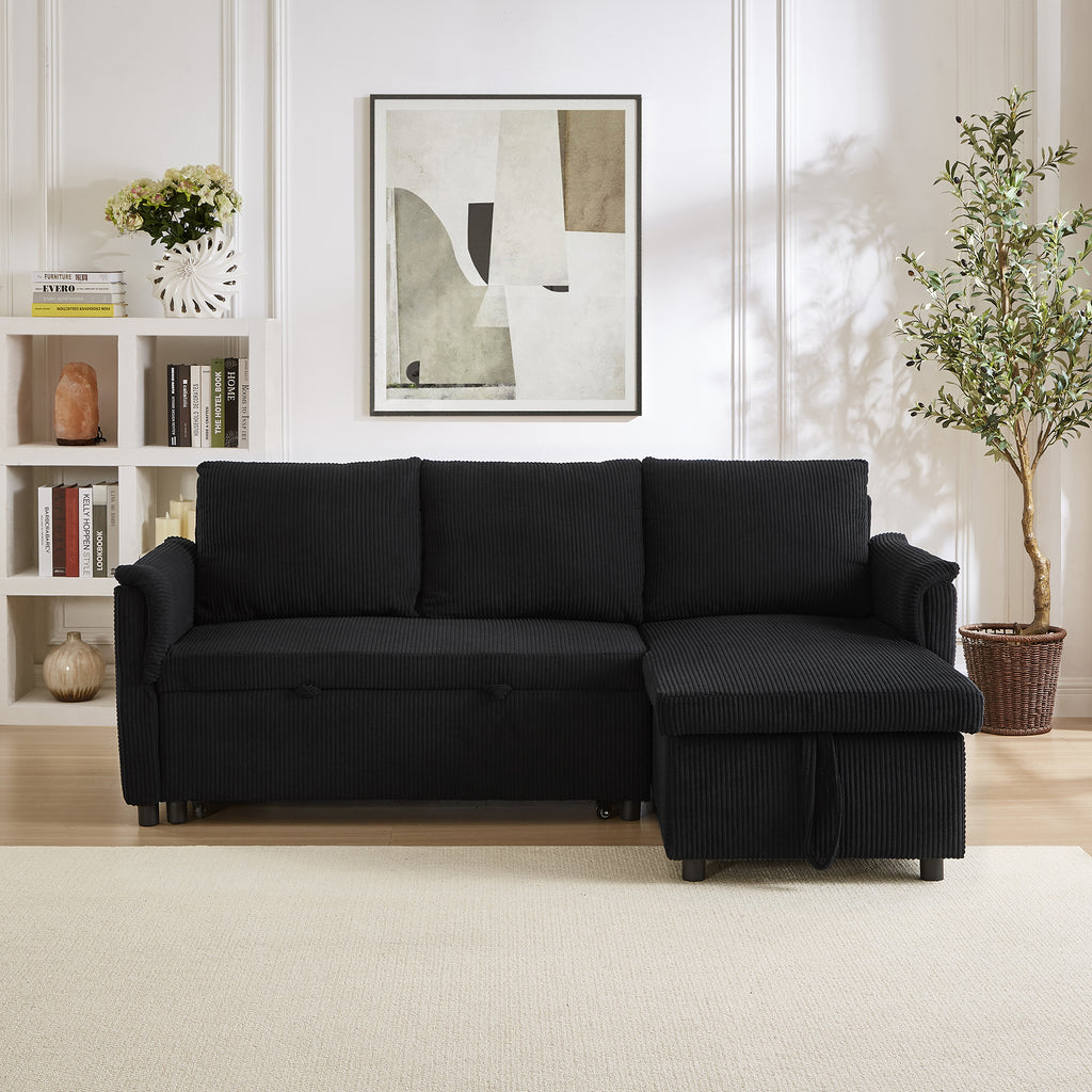 Loveseat Sofa with Chaise Lounge L-Shaped Modular Convertible Sofa with Storage Chaise, Corduroy Tufted Upholstered Sleeper Sectional Sofa,Pull Out Sleep Couch Bed and Reclining Backrest-Black - Grand Goldman Shop
