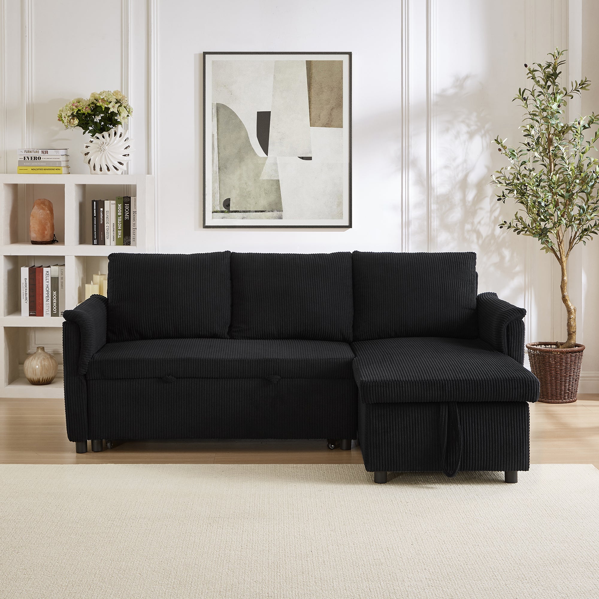 Loveseat Sofa with Chaise Lounge L-Shaped Modular Convertible Sofa with Storage Chaise, Corduroy Tufted Upholstered Sleeper Sectional Sofa,Pull Out Sleep Couch Bed and Reclining Backrest-Black - Grand Goldman Shop