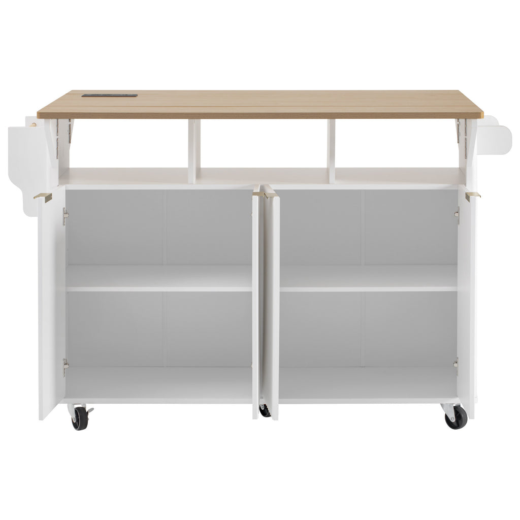 K&K 55.5' Fluted Kitchen Island with 2 Drop Leaf, Kitchen Storage Cart with Power Outlet, 4 Doors, Spice rack, Rolling Island Table with Wood-grain Top, Curved Edge for Kitchen, Dining Room,White - Grand Goldman Shop