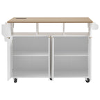 K&K 55.5' Fluted Kitchen Island with 2 Drop Leaf, Kitchen Storage Cart with Power Outlet, 4 Doors, Spice rack, Rolling Island Table with Wood-grain Top, Curved Edge for Kitchen, Dining Room,White - Grand Goldman Shop