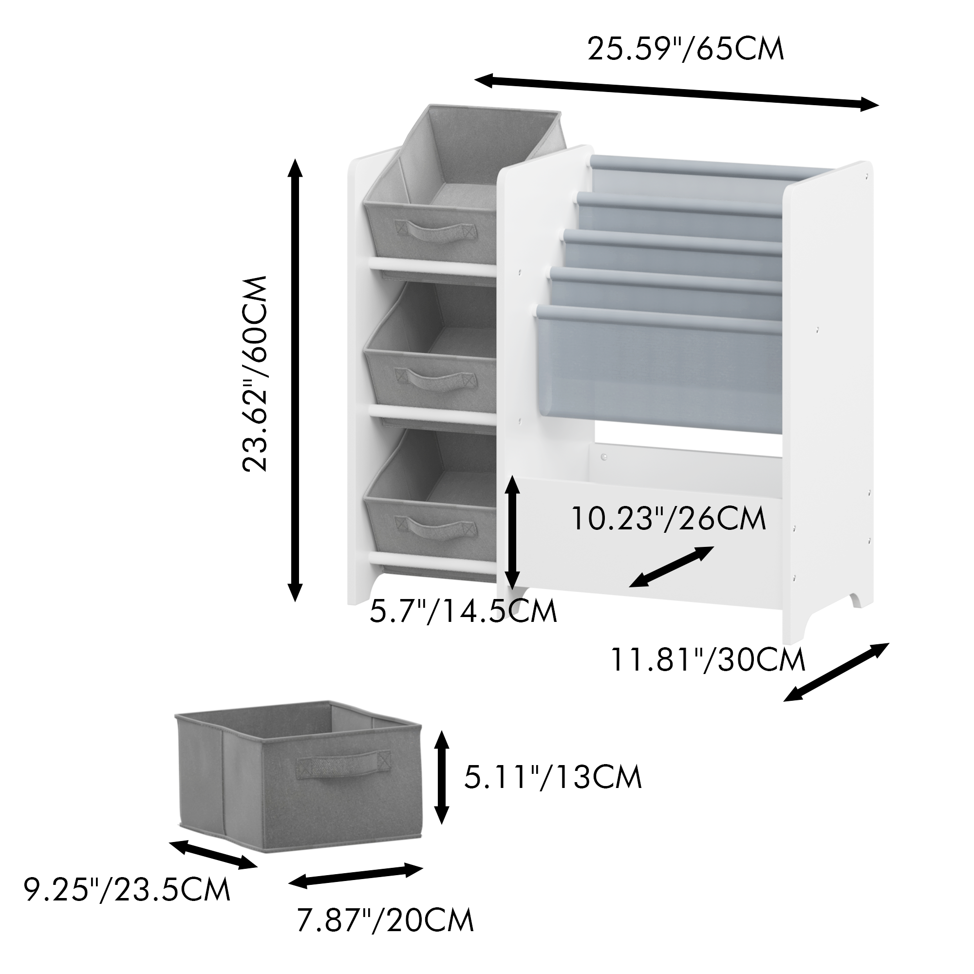 Kids Bookshelf and Toy Storage Organizer, Multifunctional 4-Tier White MDF Bookshelf with 3 Collapsible Fabric Drawers for Nu