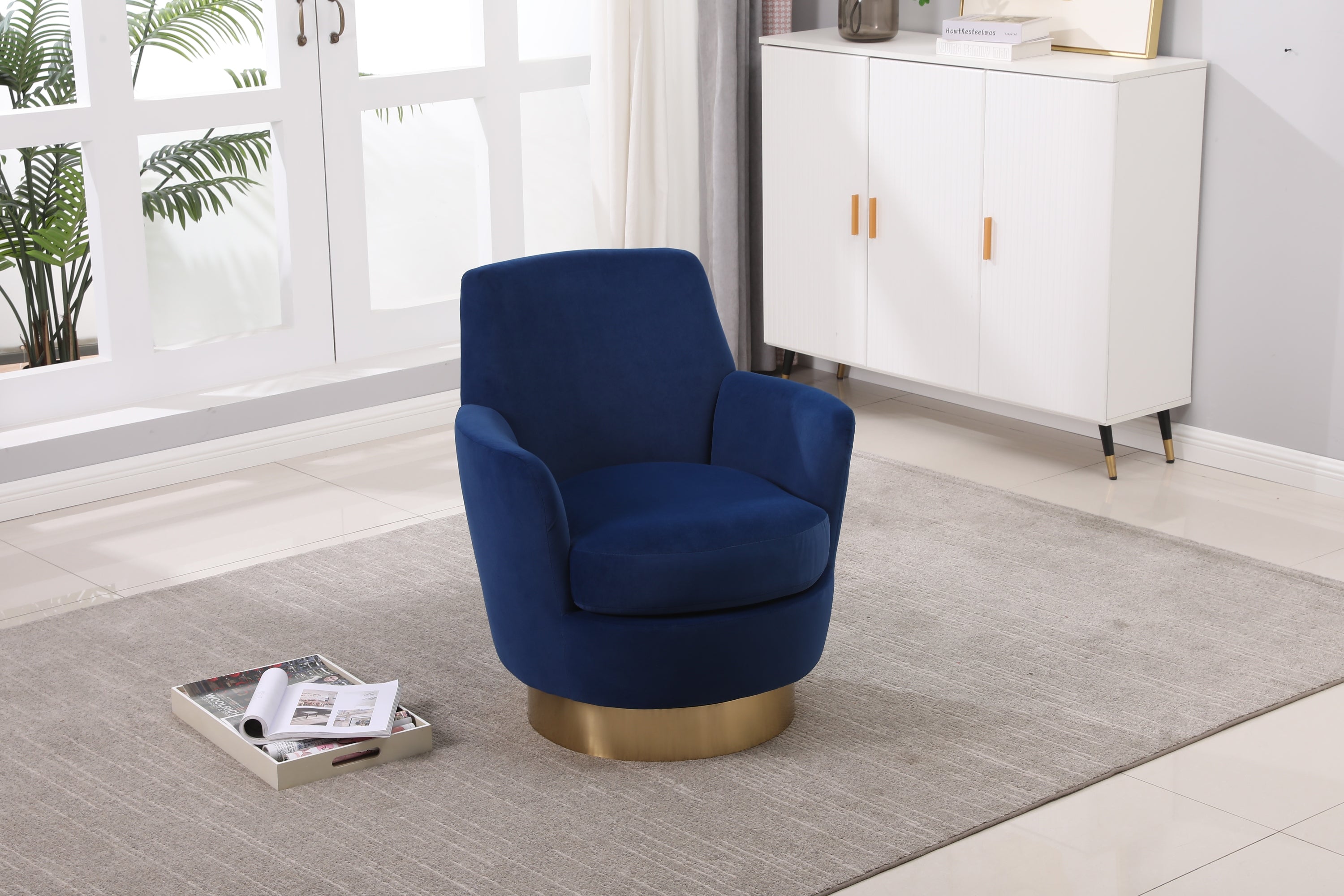 Velvet Swivel Barrel Chair, Swivel Accent Chairs Armchair for Living Room, Reading Chairs for Bedroom Comfy, Round Barrel Chairs with Gold Stainless Steel Base (Navy) - Grand Goldman Shop