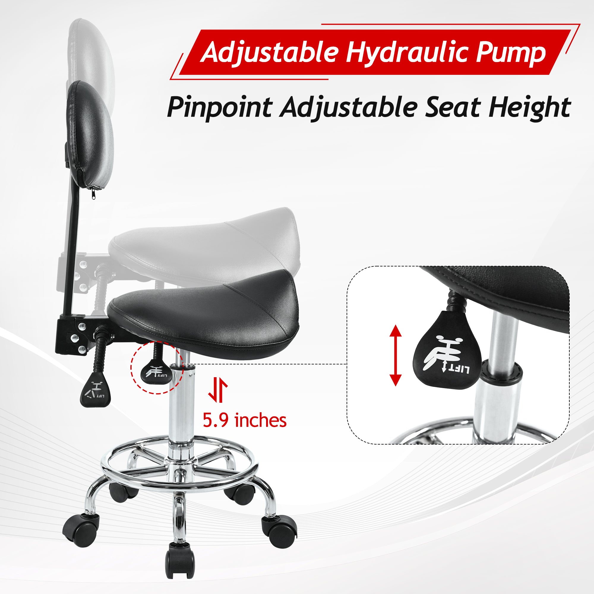 Saddle Stool with Back Support, Rolling Stools with Foot Rest, Ergonomic Adjustable Stool with Wheels, Backrest Adjustable Height & Angle for Salon Spa Tattoo Massage Swivel Stool Chair.(N753P243053B) - Grand Goldman Shop