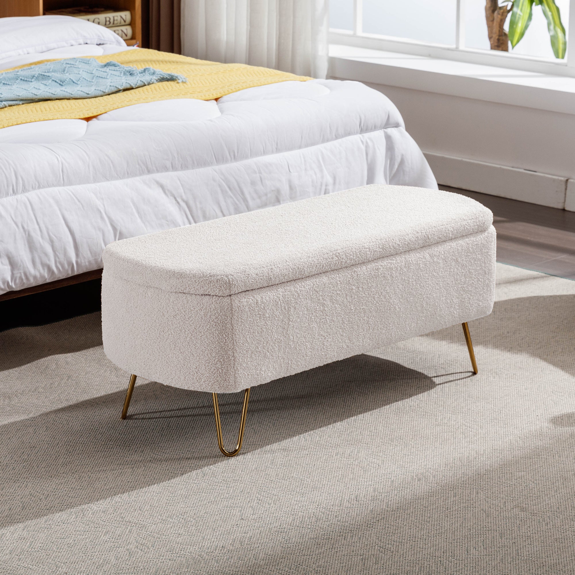 Ivory White Storage Ottoman Bench for End of Bed Gold Legs, Modern Ivory White Faux Fur Entryway Bench Upholstered Padded with Storage for Living Room Bedroom - Grand Goldman Shop