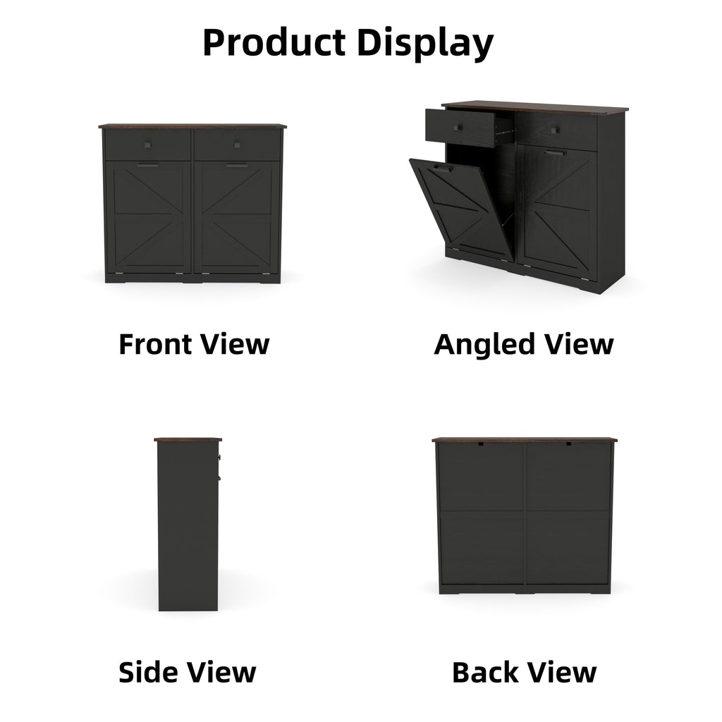 Farmhouse Black Double Tilt Out Trash Cabinet with Hideaway Drawer and Barn Door Style, Engineered Wood, 39.3''×13''×34.45'' - Grand Goldman Shop