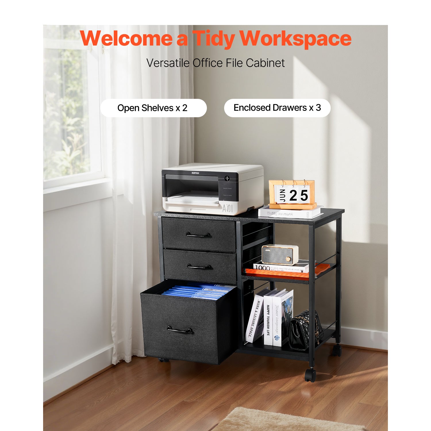 Mobile Metal File Cabinet with 3 Fabric Drawers and 2 Open Shelves Black | Premium Home Decor - Grand Goldman