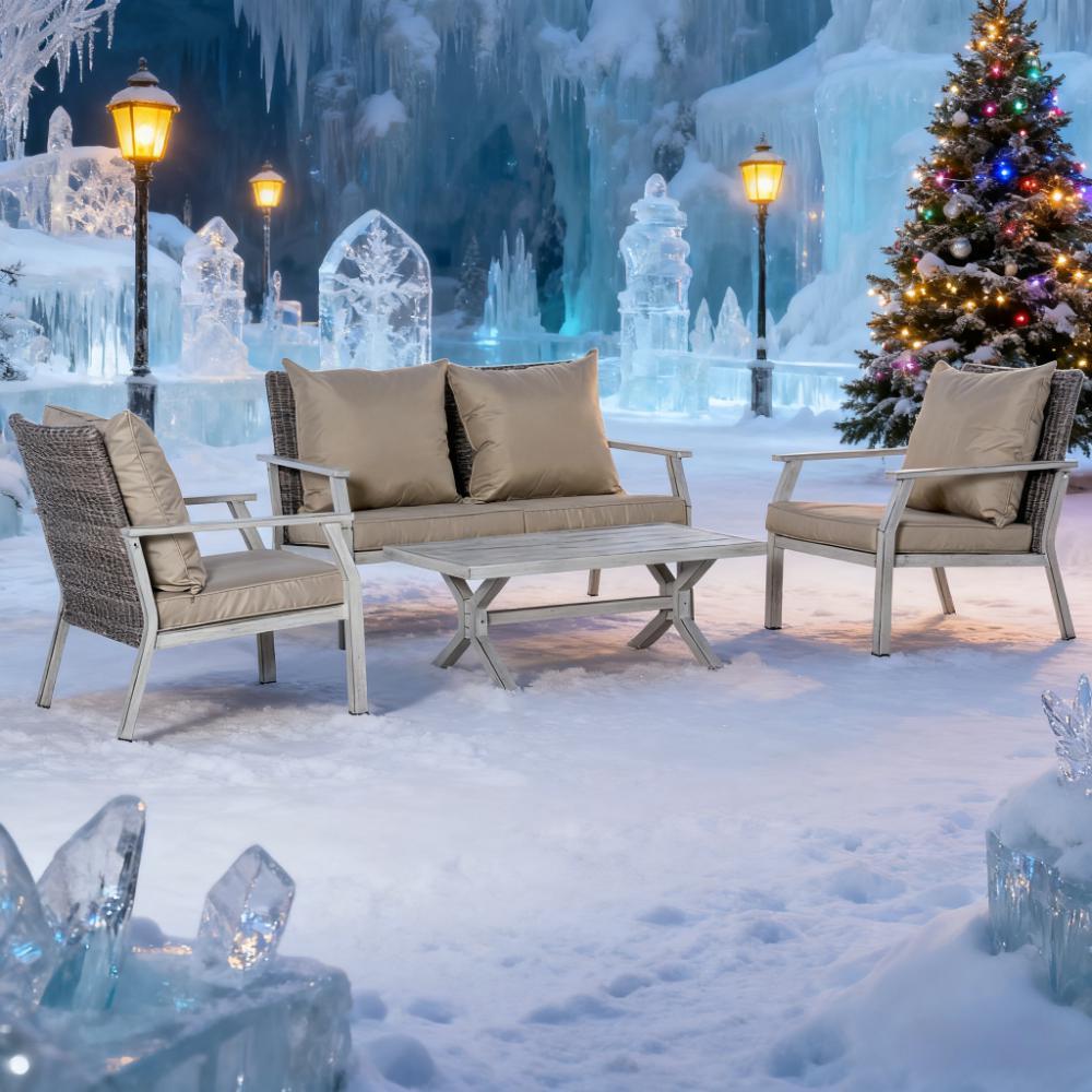 Beige Outdoor Rattan-Sitzgruppe, 4-teiliges Set mit Kissen für Garten, Pool und Terrasse