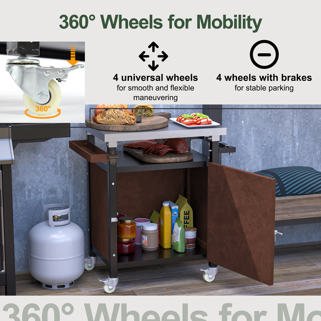 Outdoor Grill Cart with Stainless Steel Tabletop, Storage, Patio Kitchen Island with Wheels, Hooks, and Spice Rack, Waterproof Outdoor Grill Table, Movable BBQ Serving Cart Rolling Bar Cart - Grand Goldman Shop