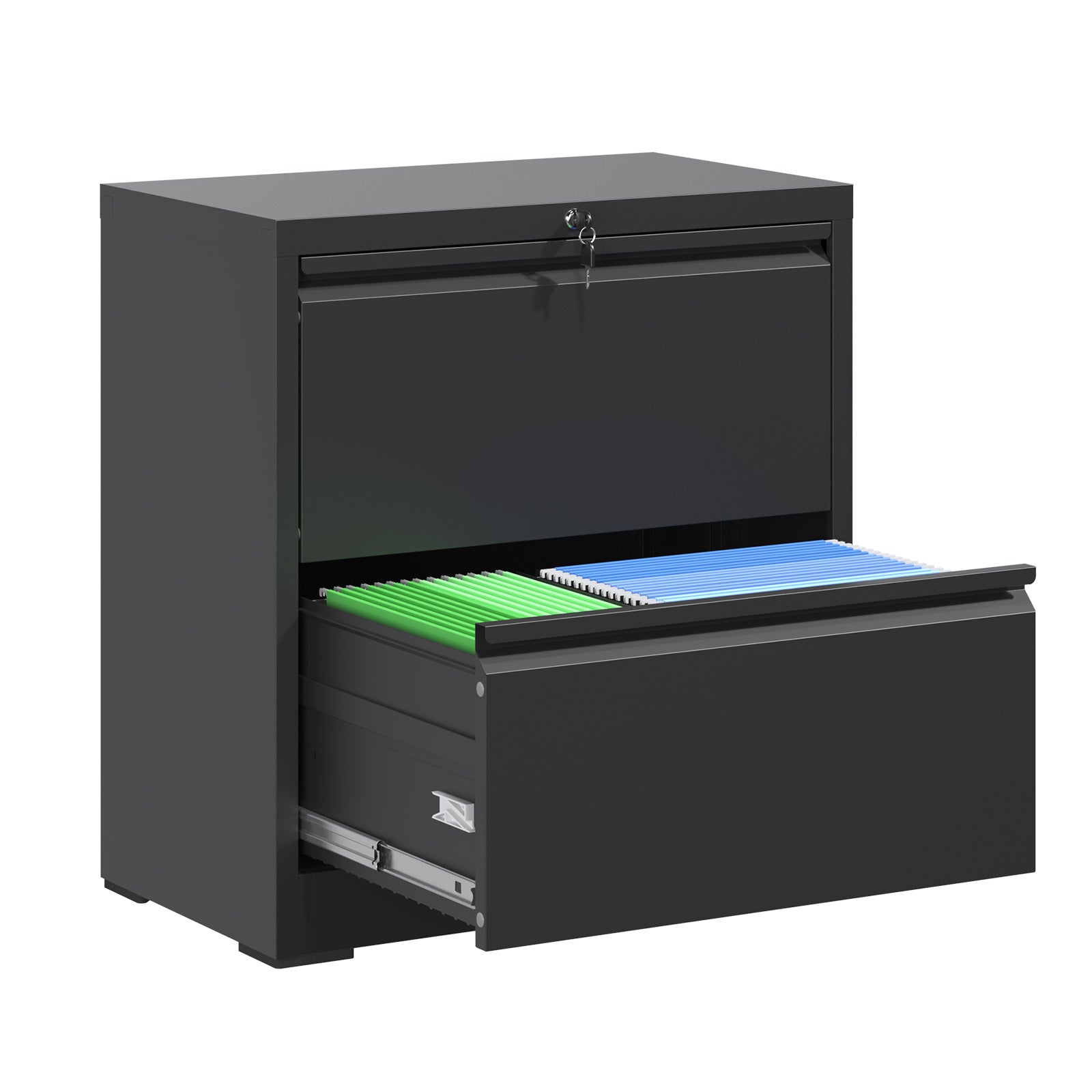 Premium 2 Drawer Metal Lateral File Cabinet with Lock, Black Steel Wide Horizontal Filing Cabinets for Home Office | Premium 