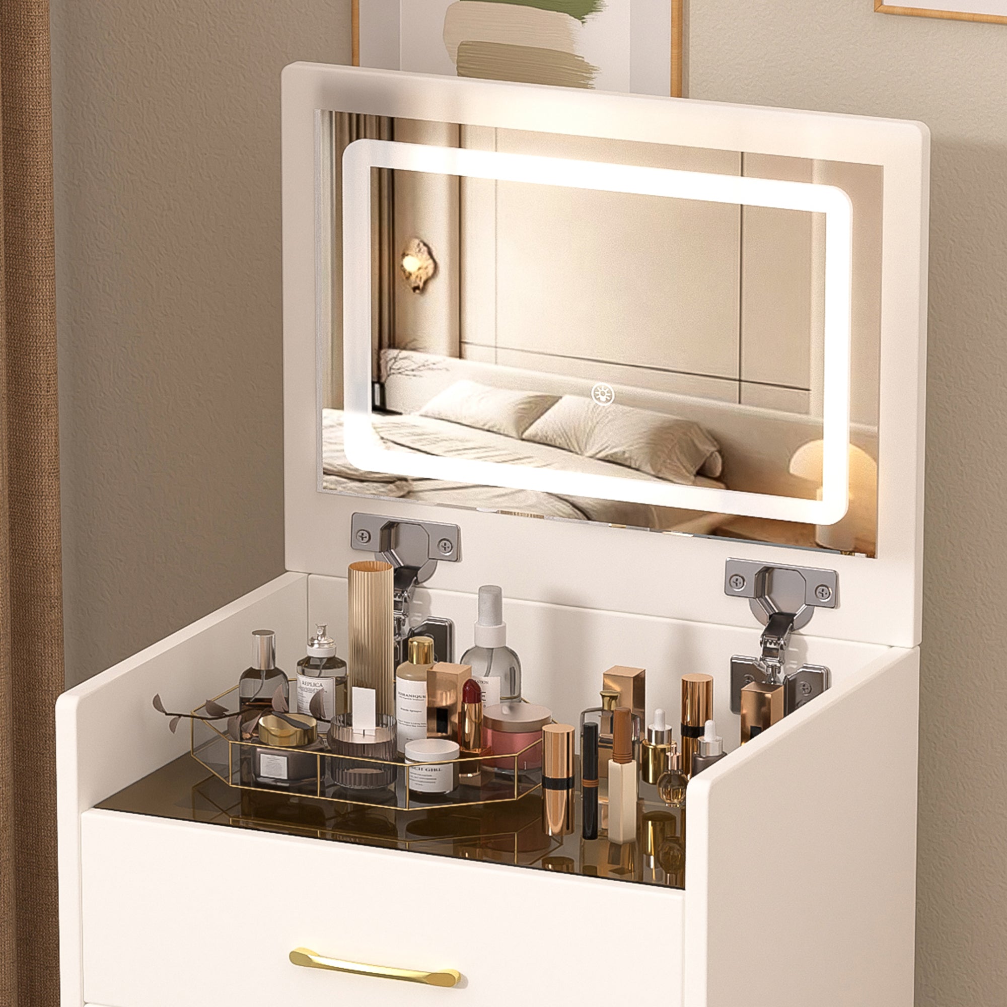 Compact 3 in 1 Vanity Desk with Open Top Mirror, Glass Desktop, White MDF, 50.39' Height - Grand Goldman Shop