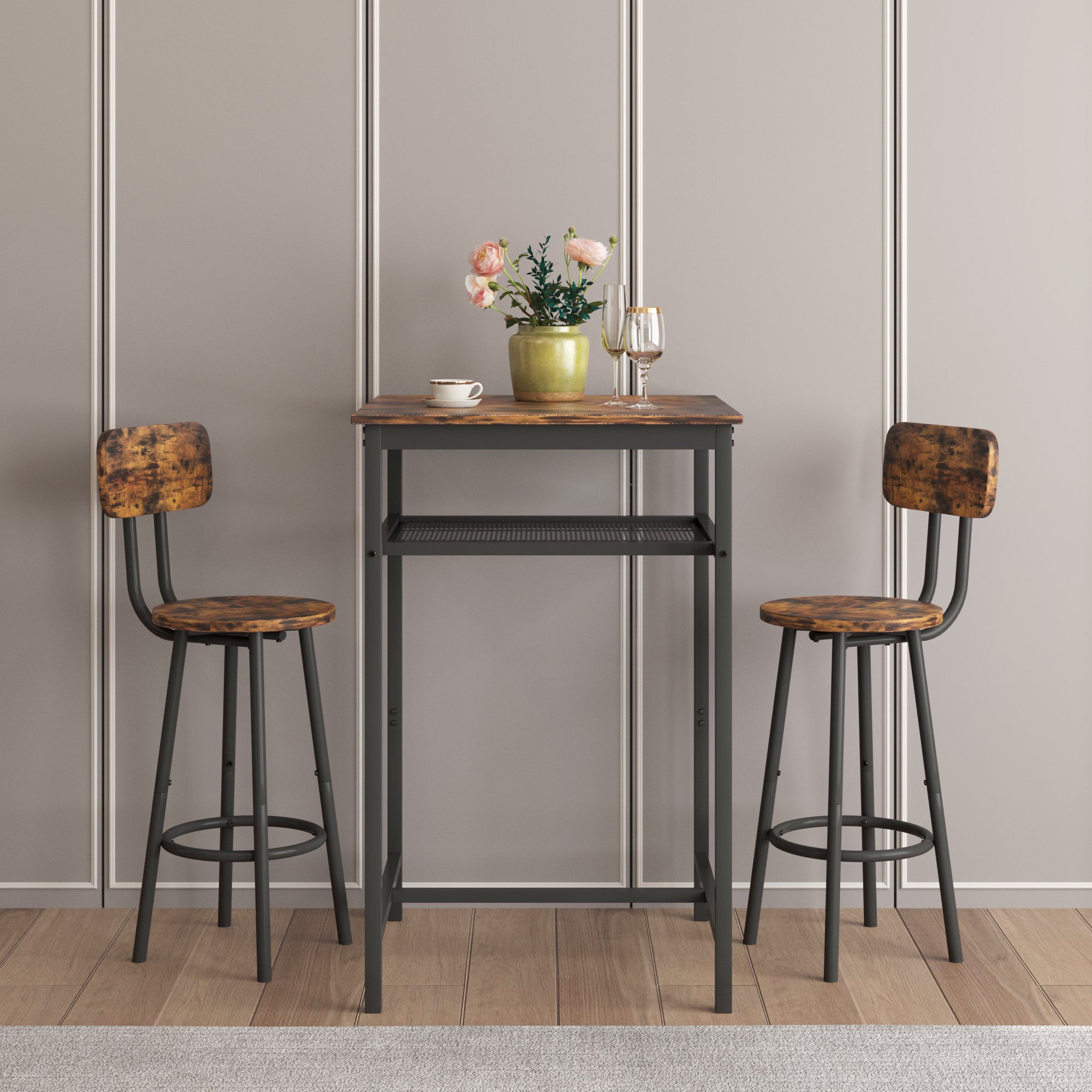 Bar table, equipped with 2 bar stools , with backrest and partition (Rustic Brown) - Grand Goldman Shop