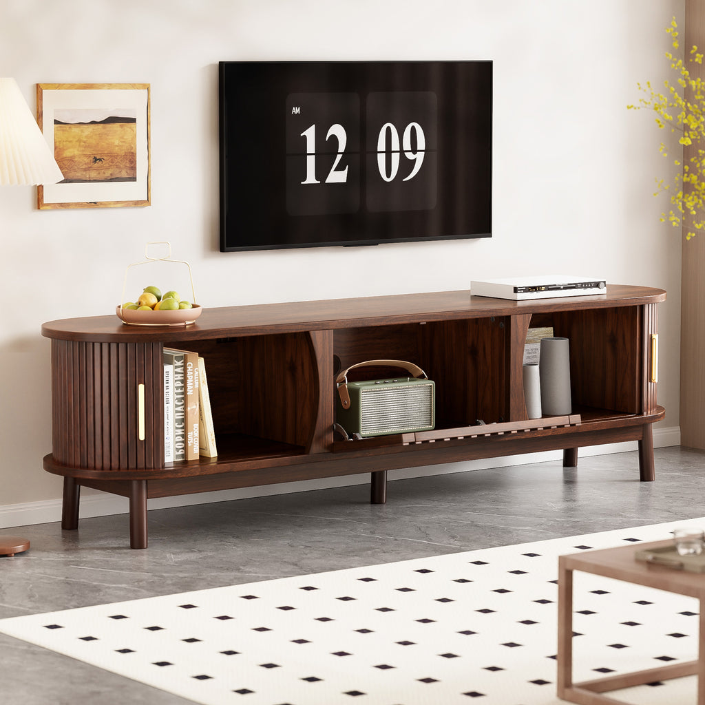 Modern Farmhouse TV Stand for 75' TVs, Wood Entertainment Center with Storage Cabinet, TV Console Table for Living Room, Bedroom in Dark Brown with Solid Wood Legs and MDF Construction - Grand Goldman Shop