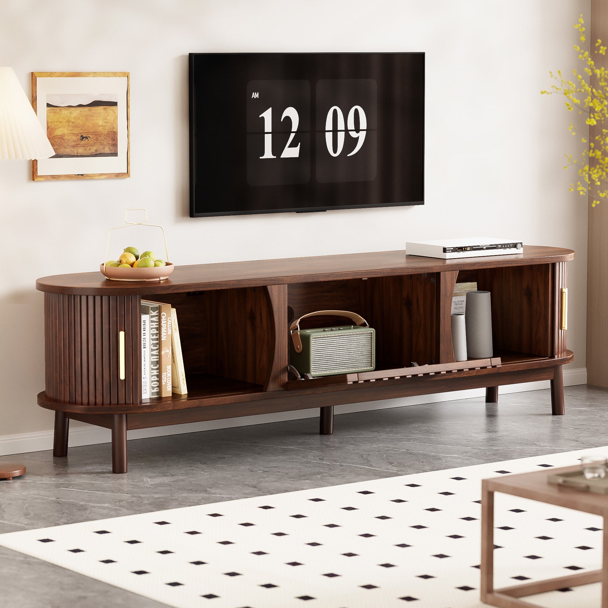 Modern Farmhouse TV Stand for 75' TVs, Wood Entertainment Center with Storage Cabinet, TV Console Table for Living Room, Bedroom in Dark Brown with Solid Wood Legs and MDF Construction - Grand Goldman Shop
